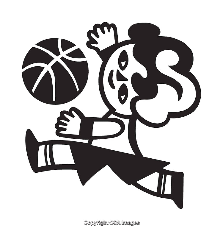 Black and White Illustration of a Kid Playing Basketball
