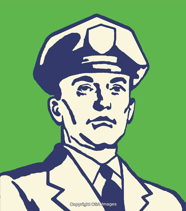 Vintage Police Officer Portrait in Bold Green and Blue Colors Illustration