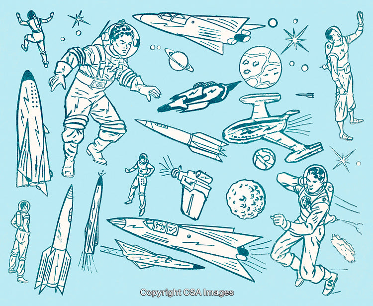 Retro Style Space Exploration Theme With Astronauts and Rockets Illustration