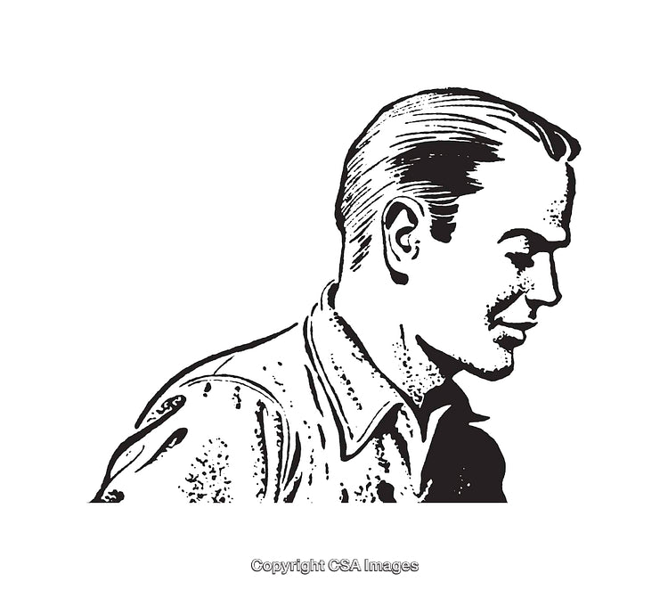 Retro Black and White Line Art Profile Illustration of a Person