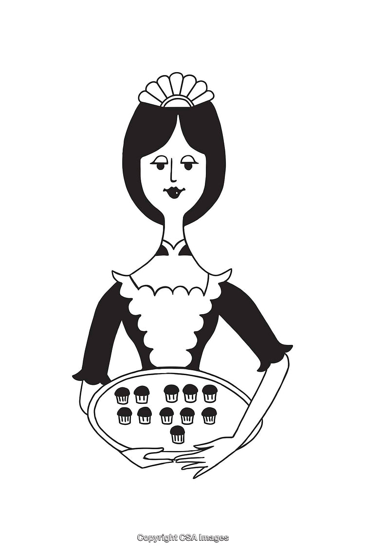 Black and White Illustration of a Woman Holding a Tray of Cupcakes