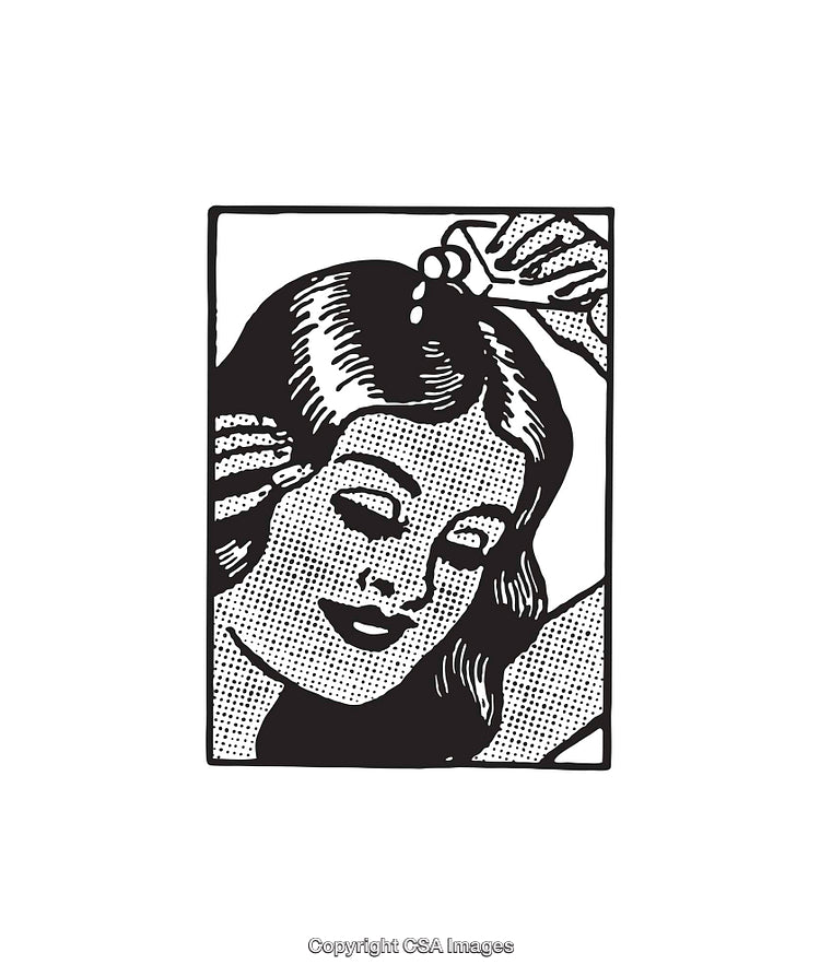 Black and White Line Art Illustration of a Woman Arranging Her Hair