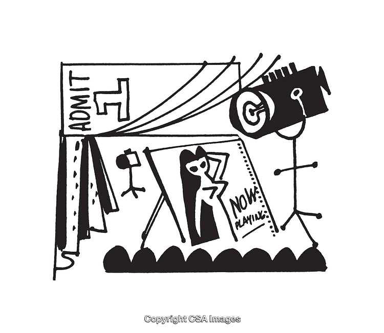 Minimalistic Black and White Line Art Illustration of a Theater Scene