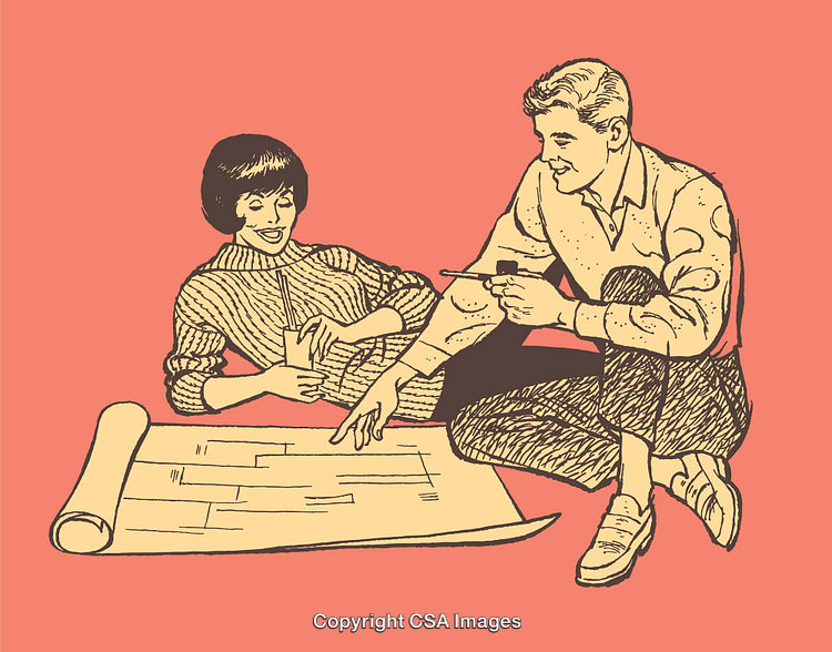 Retro Color Line Art Couple Discussing Architectural Plans Together