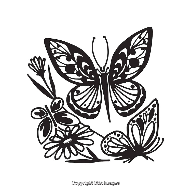 Black And White Line Art Butterflies And Flowers Illustration