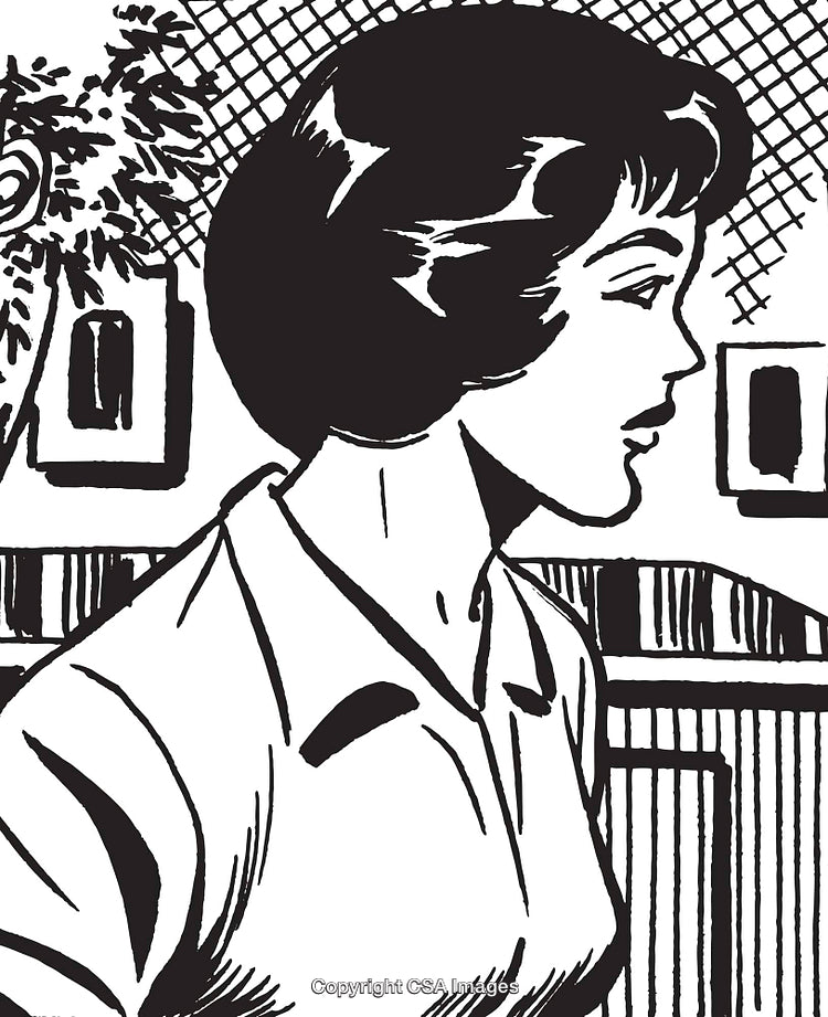 Black and White Vintage Style Illustration of a Woman in Profile View