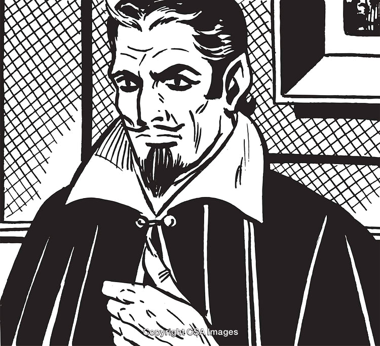 Retro Black-and-White Artistic Illustration of a Man in Historical Clothing