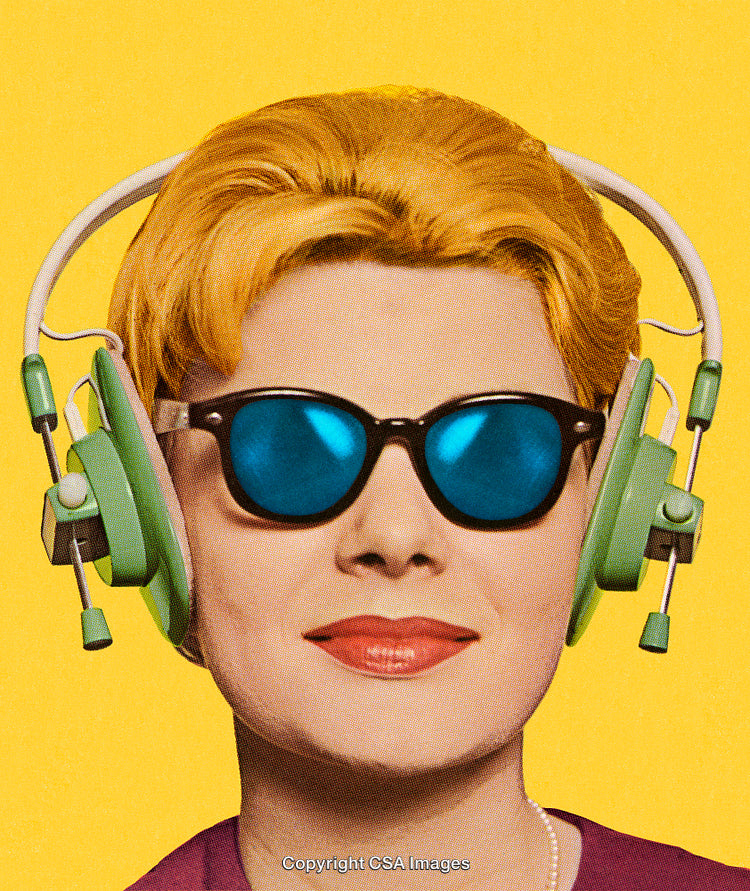 Stylized Portrait of a Woman With Sunglasses and Headphones on Yellow Background