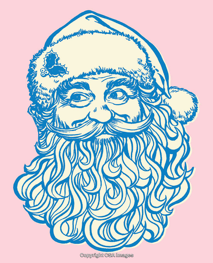 Vintage Blue Line Art Illustration of Santa Claus on Pink Background