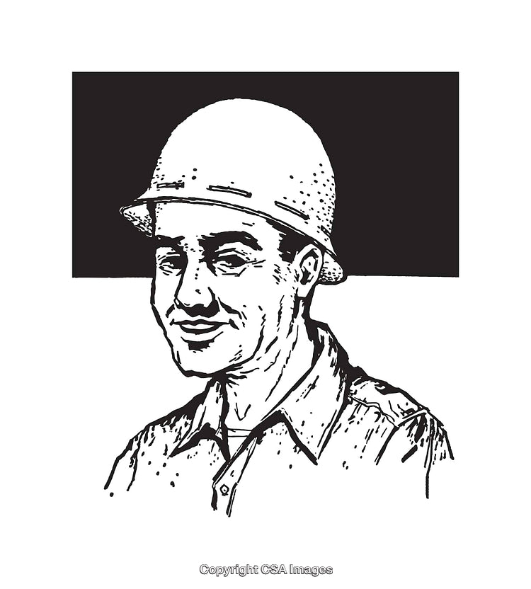 Black and White Line Art of Smiling Man in Helmet