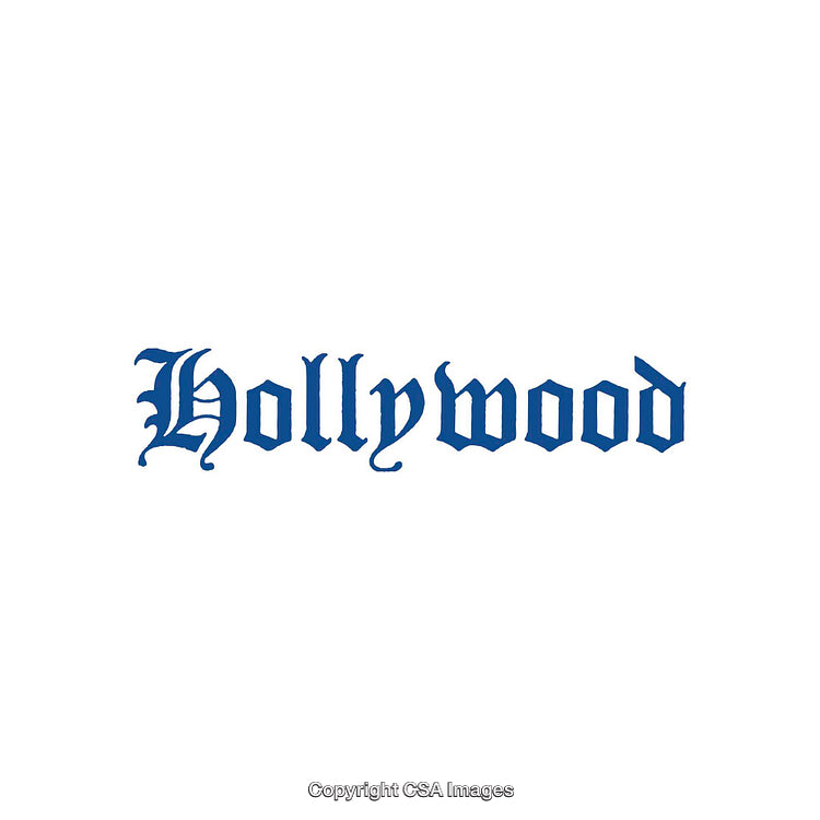 Stylized Hollywood Text Rendered in Blue Old English Typeface