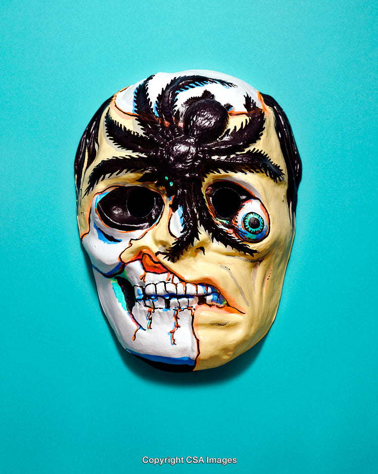 Halloween Mask with Spider Design on Bright Turquoise Background