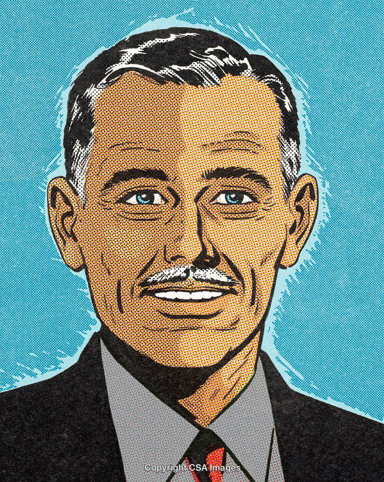 Retro Comic Style Portrait Illustration of a Smiling Man With Blue Eyes