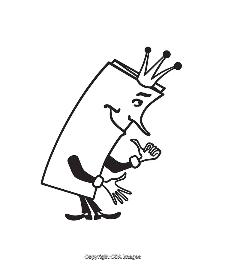 Cartoon Line Art Illustration of a Character with a Book and Crown