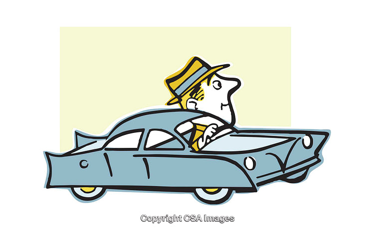 Illustration of a Man in a Vintage Car Wearing a Hat
