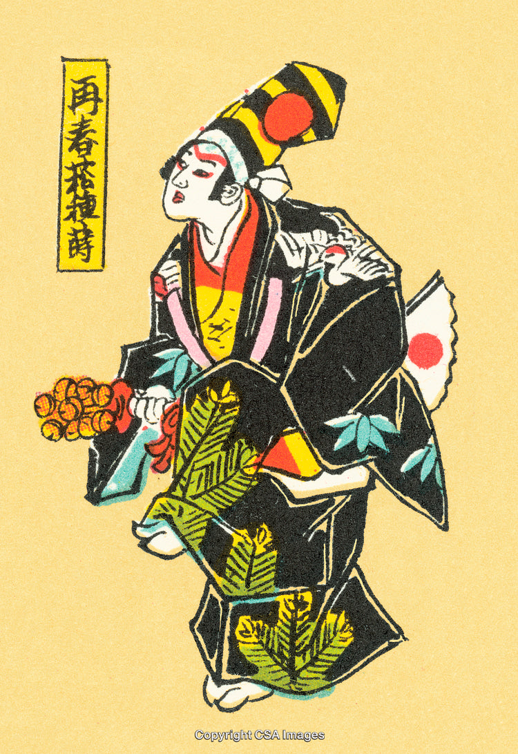 Traditional Japanese Artwork of a Kabuki Performer in Colorful Attire on Yellow Background