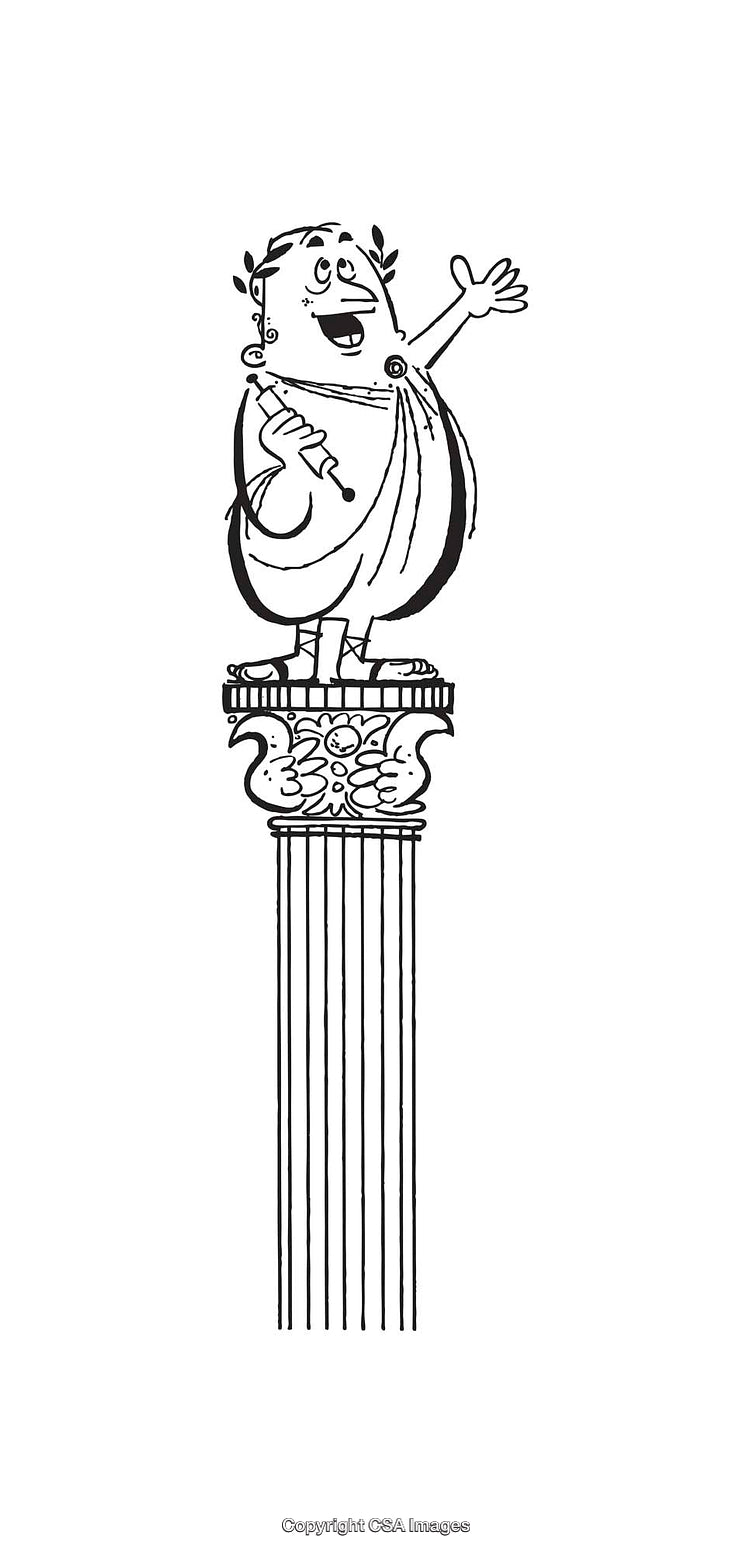 Cartoon Roman Character on a Column in Black and White Line Art