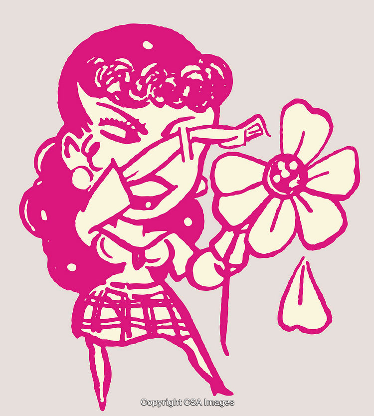 Quirky Pink Line Art Illustration of a Girl with a Flower