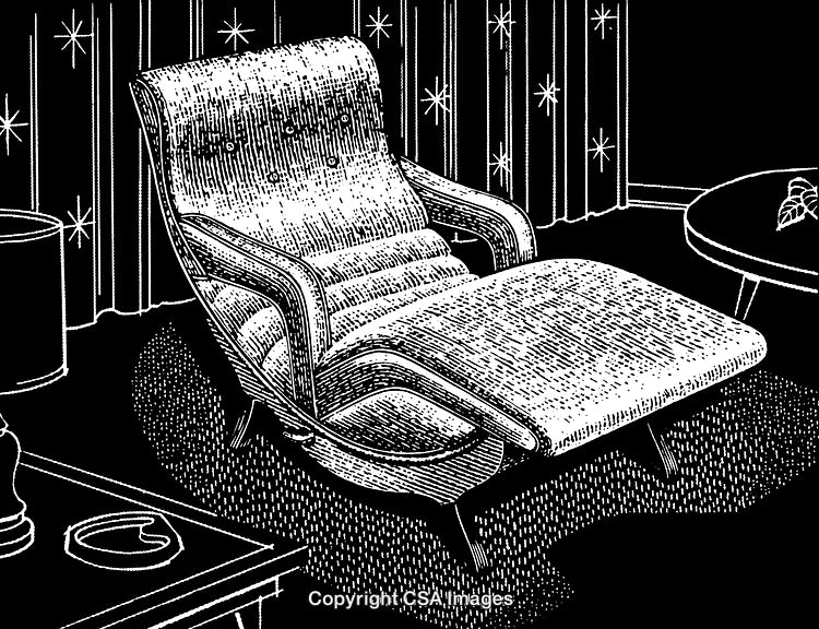 Elegant Black and White Engraving of a Chaise Lounge in a Classic Interior