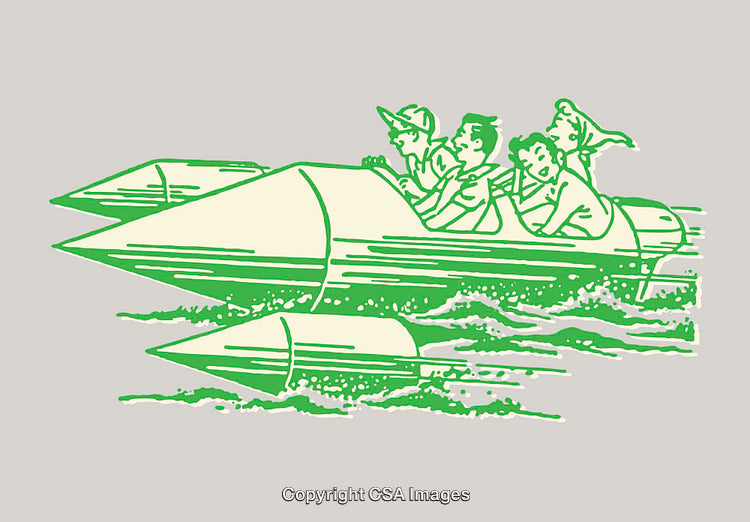 Retro Line Art of Friends Enjoying a Thrilling Water Activity