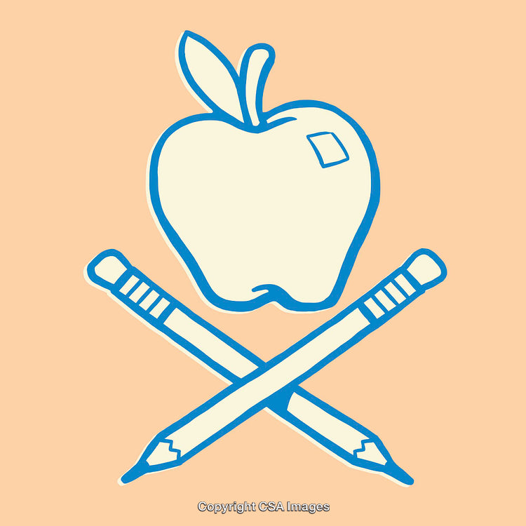 Colorful Line Art of Apple and Crossed Pencils on Peach Background