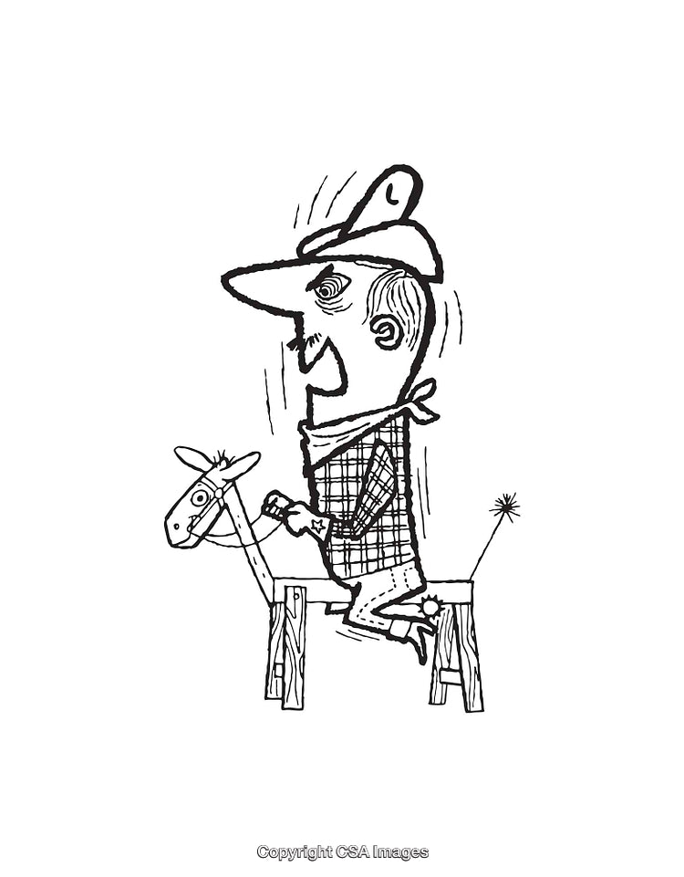 Cartoon Cowboy Riding Toy Horse in Black and White Illustration