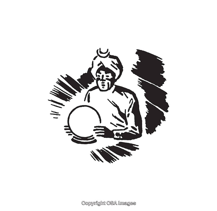 Black and White Line Illustration of a Mystic with Crystal Ball