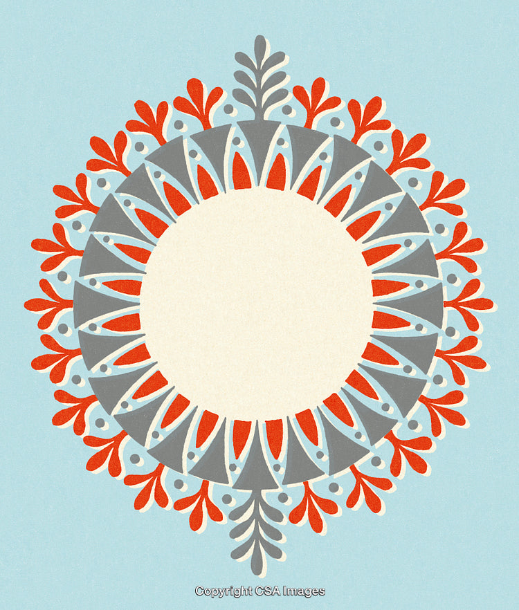 Colorful Circular Folk Design with Floral and Geometric Motifs on Blue Background