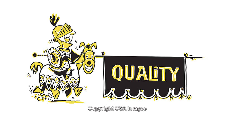 Whimsical Knight Illustration Holding a Quality Banner in Bold Colors
