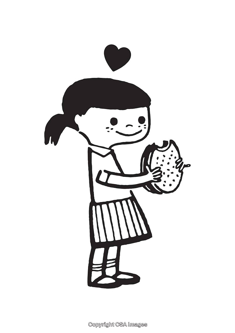Black and White Line Art of Girl Enjoying Sandwich with a Heart Icon