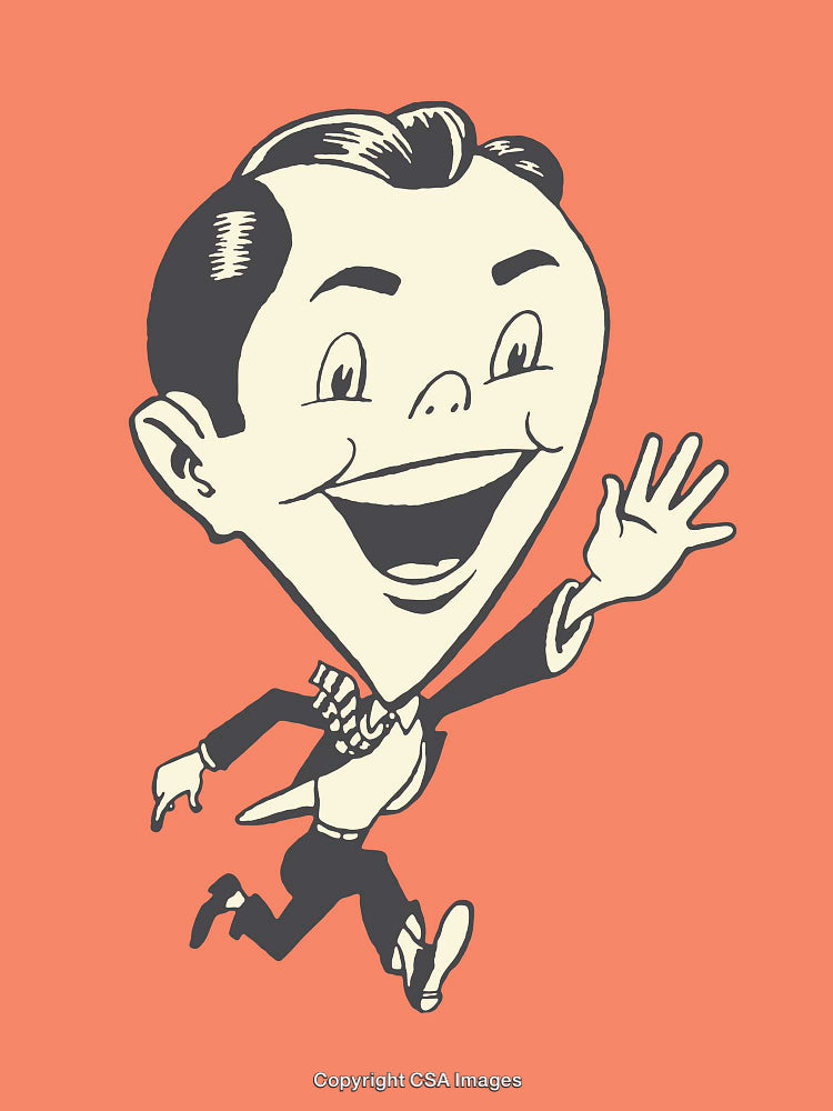 Retro Character Illustration with Smiling Cartoon Man Waving on Orange Background