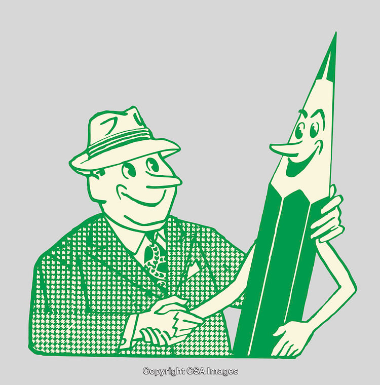 Vintage Style Illustration of a Person Shaking Hands with Animated Pencil