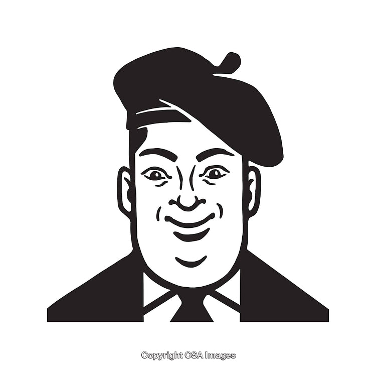Black and White Line Art of Smiling Man Wearing Beret