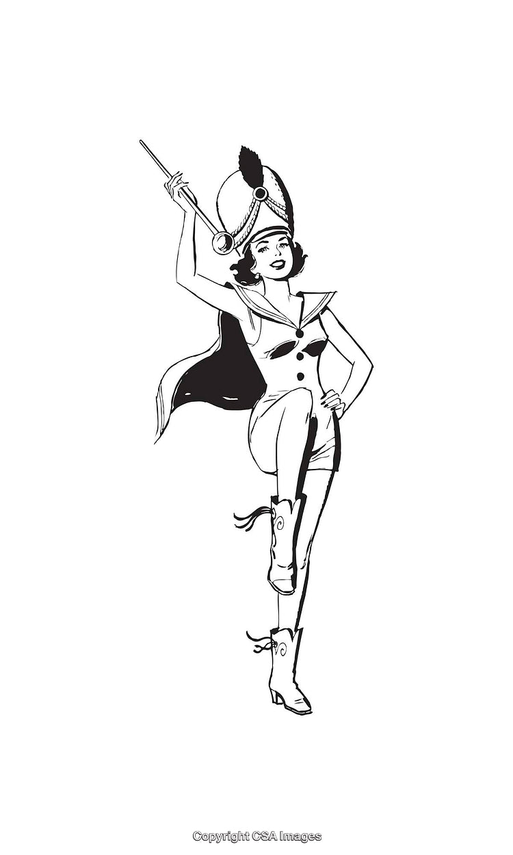 Black and White Line Art of a Majorette in Uniform