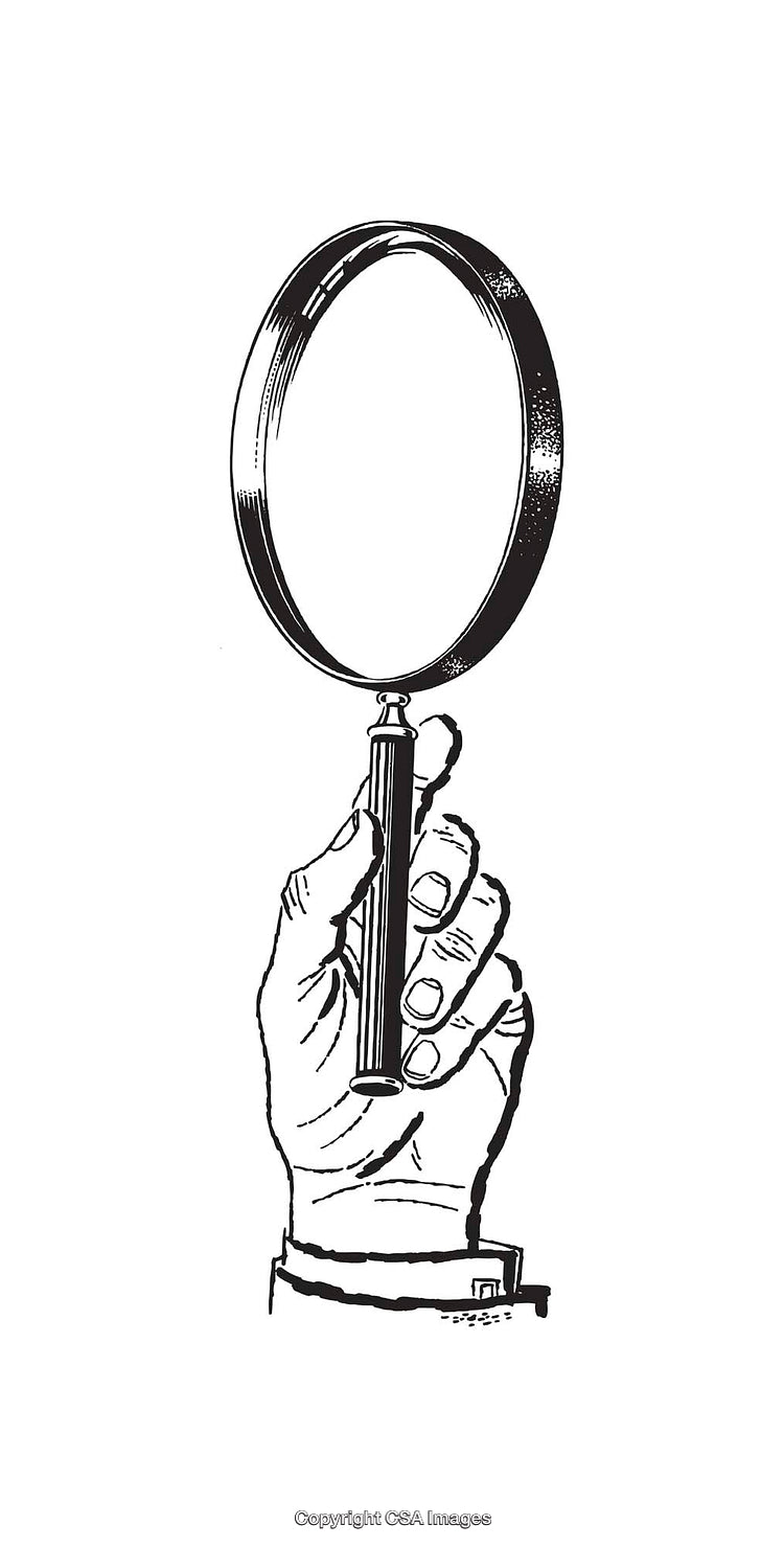 Hand Holding a Magnifying Glass in Black and White Line Art