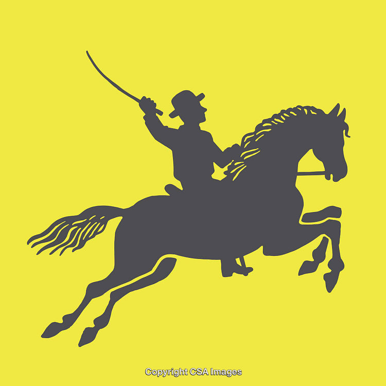 Silhouette of a Horseman Wielding a Sword on Bright Yellow Background