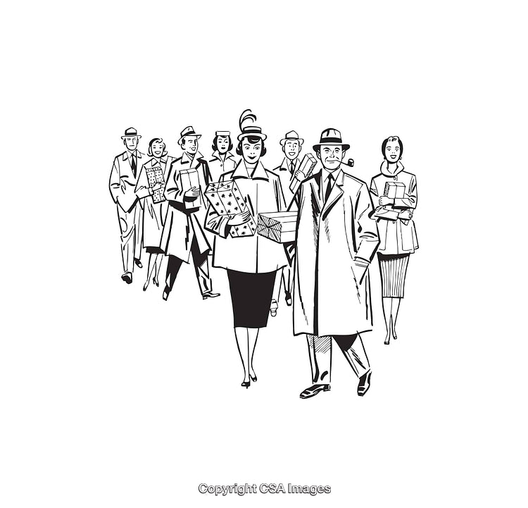 Black and White Line Art of a Group of People with Shopping Bags