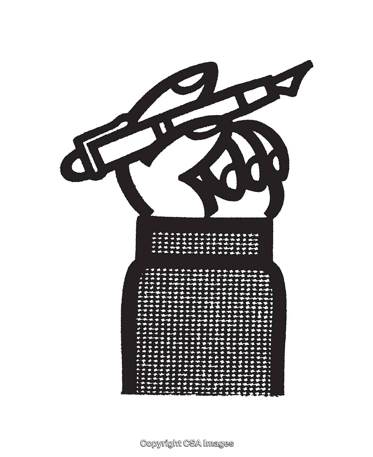 Black and White Line Art Illustration of a Hand Holding a Pen