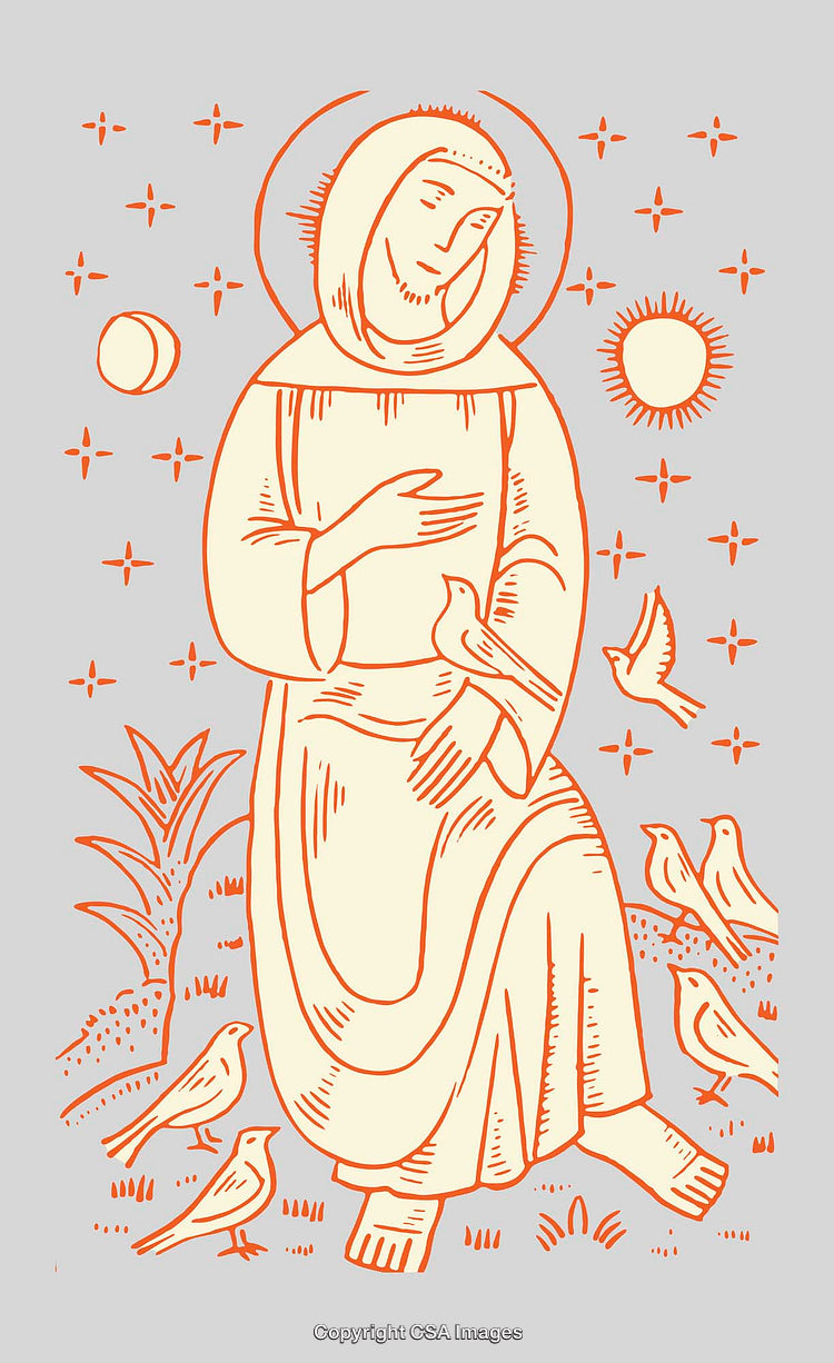 Line Art Depiction of Saint with Birds Symbolizing Harmony and Nature