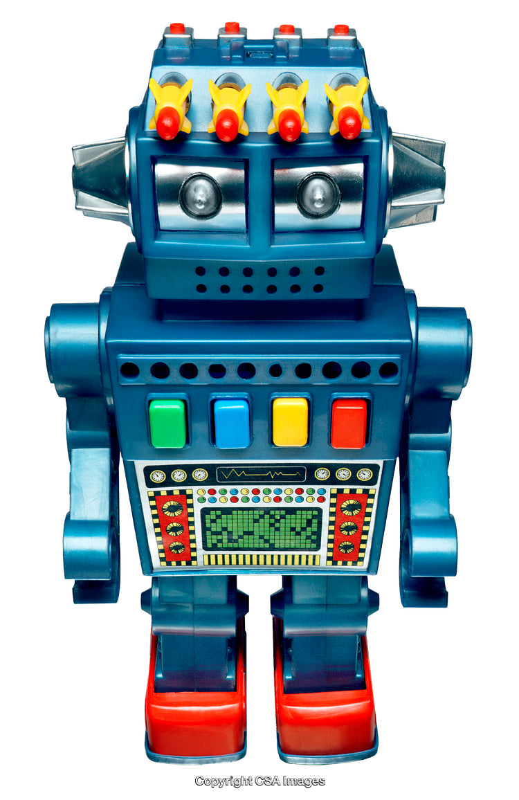 Brightly Colored Toy Robot Figure with Buttons and Retro Style Design