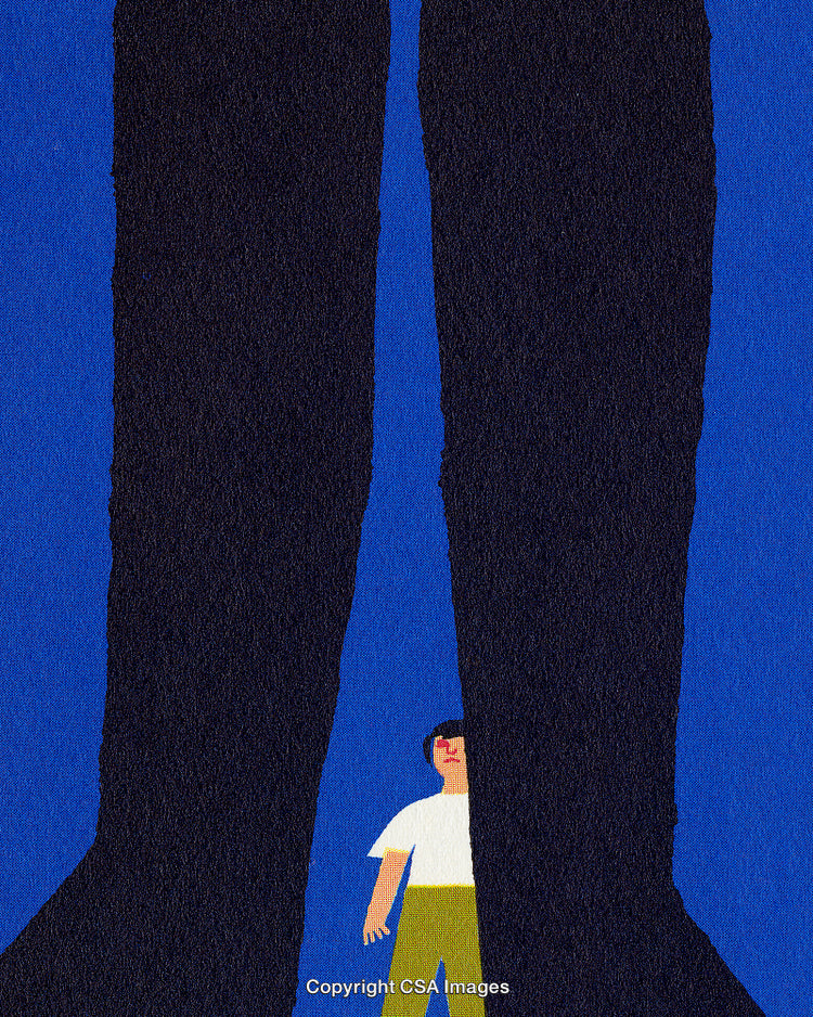 Abstract Illustration Depicting a Small Figure Amidst Giant Dark Shapes