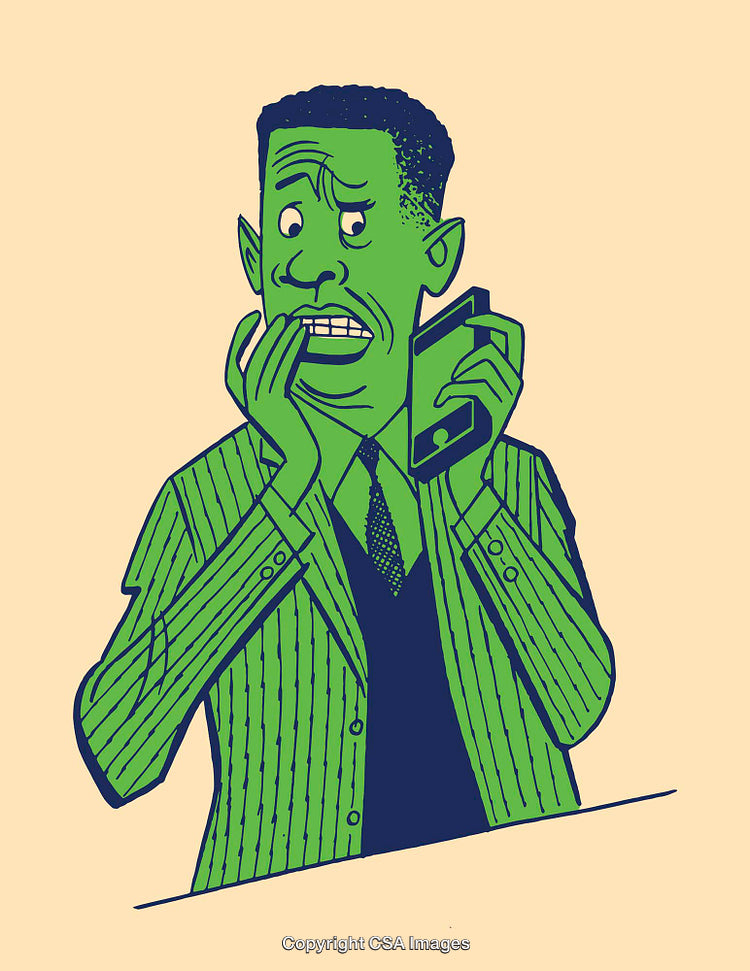 Cartoon Style Illustration of Anxious Businessman Holding Mobile Phone