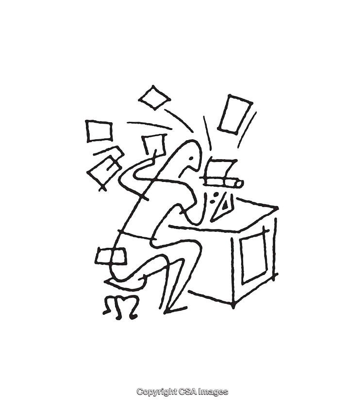 Illustration Depicting a Person Overwhelmed by Clutter at a Desk