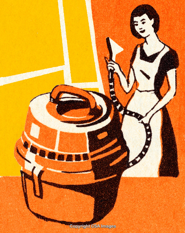 Vintage Illustration of Woman Cleaning with Retro Vacuum Cleaner