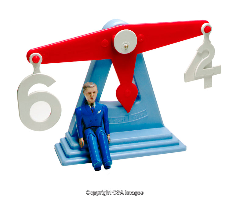Balance Scale Toy With Numbers and Figurine Depicting Judgement Theme