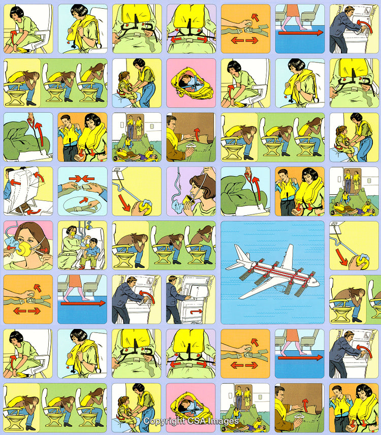 Airplane Safety Instructions with Illustrative Panels for Emergency Procedures