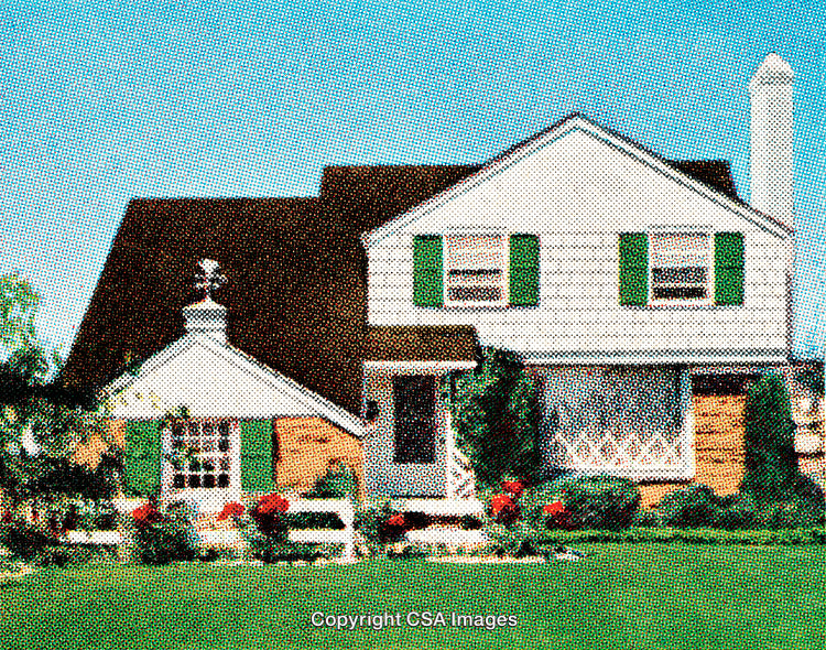 Retro Polka Dot Style Suburban Home Surrounded By a Lush Green Garden