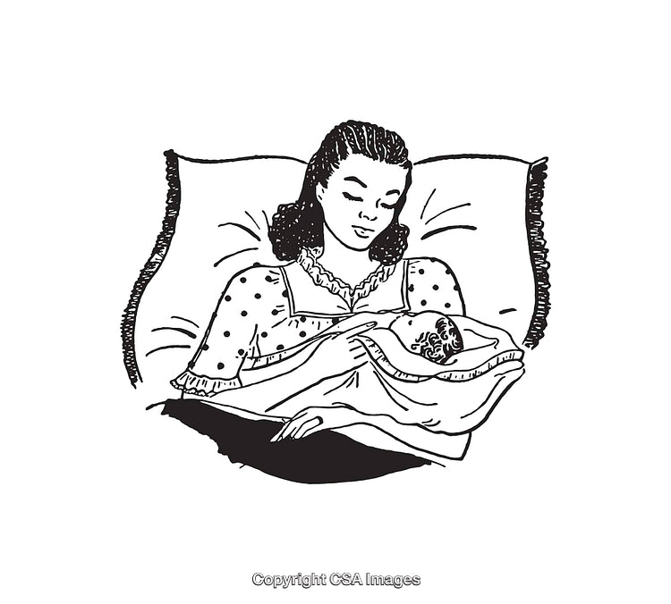 Mother Tenderly Cradling Infant in Detailed Line Art Illustration