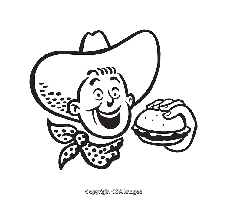 Black and White Illustration of a Cowboy Holding a Delicious Burger