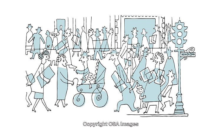 Abstract Illustration of Busy City Street with Shoppers and Pedestrians